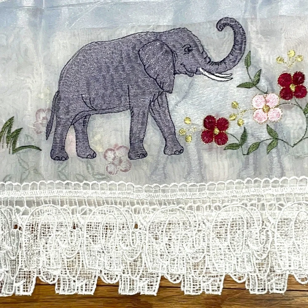 NEW 3 pc. Grace Embroidery Curtains Set: 2 Tiers & Swag, ELEPHANTS w FLOWERS